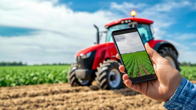 Smartphone hand with red tractor farm field, crop agriculture technology rural daylight modern mobile app focus shows green crop rows, blue sky