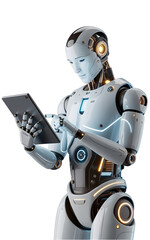 hyper-realistic 3D render of a futuristic humanoid robot wearing a sleek, modern helmet while using a digital tablet, isolated on transparent background.