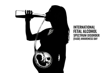 Silhouette of pregnant woman drinking alcohol isolated on white background