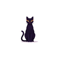 Halloween Black Cat Illustration Vector Art Design Sitting Feline Pet with Yellow Eyes Isolated on White Decorative October
