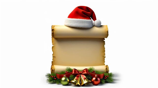 Holiday scroll with Santa hat and ornaments slowly unrolls, ready for a Christmas letter or festive message.