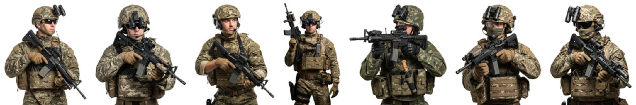 A group of soldiers in camouflage uniforms holding weapons, standing in a line, against transparent background