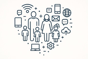 Family unit surrounded by various digital icons like smartphones, laptops, and internet symbols, forming a heart shape