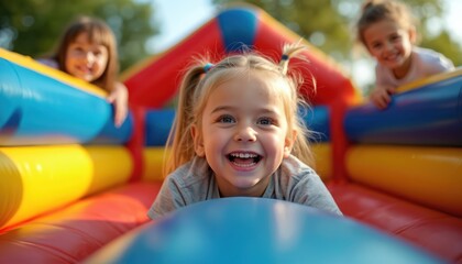 Happy kids play on colorful inflatable bouncy castle. Smiling girl with pigtails has fun. Children enjoy time together outside at playground. Joyful childhood activity with friends.