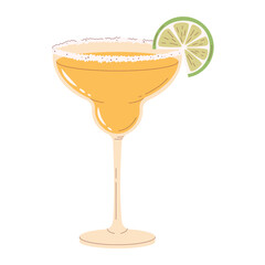 Classic Margarita cocktail vector illustration. Hand drawn flat style design of a yellow orange drink in a coupe glass with salt rim, lime slice garnish. For Mexican restaurants, happy hour promotions