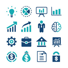 Business and finance icons set representing growth and success