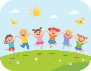 Happy children jumping, outdoor playtime, sunny day illustration, grassy hill, nature background, cartoon kids, friendship, joy, fun, vector, colorful