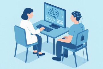 Doctor reviews EEG neural data from patient wearing a brain computer interface headset in a clinical neurotechnology examination room