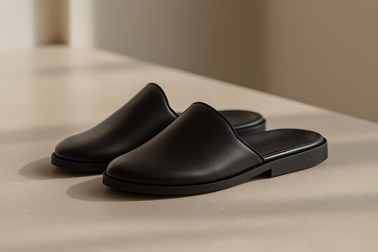 Elegant black mule slippers resting on a minimalist surface, reflecting a clean and modern aesthetic. Perfect for comfort and style, ideal for casual wear.