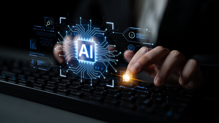 A futuristic AI core processor and system analytics dashboard. This concept highlights the raw...