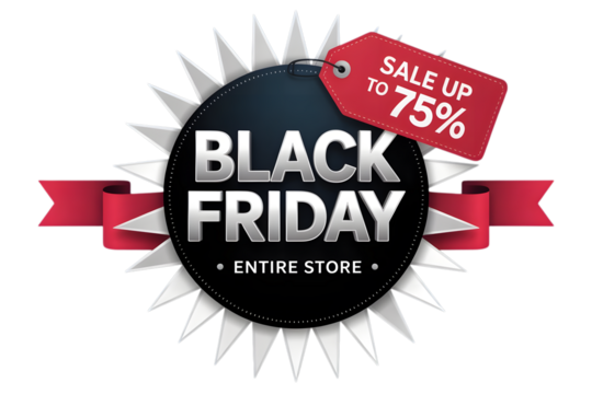 Black friday sale up to 75 off entire store with red tag and starburst background isolated on transparent background