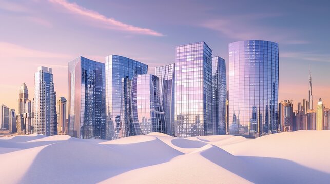 Futuristic city of glass skyscrapers emerging from the desert under a warm sunset - Powered by Adobe