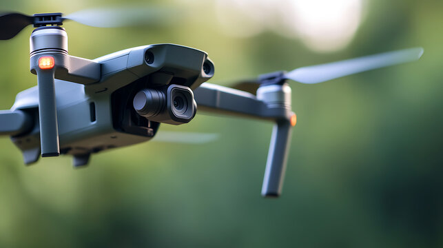 A high-definition aerial drone hovers with blurred propellers against a soft green backdrop, capturing the marvel of modern flight with its sleek, gray design and advanced camera.
