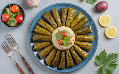 Syrian cuisine. Yalanji. Grape leaves stuffed with rice and various vegetables, served hot or cold.

Top view