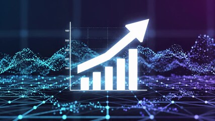 Business growth chart with rising arrow and bar graph on digital network background. Financial analytics, data visualization, statistical performance metrics, profit increase, market trends, economic - Powered by Adobe