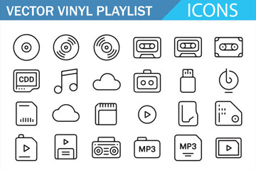 Vector media controls and playlist graphics — minimalist line icon set for UX libraries