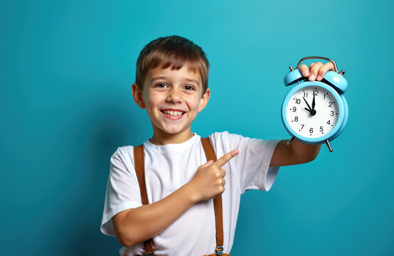 Smiling boy with brown hair holds blue alarm clock shows eight oclock. Child points finger to clock face. Kid ready for school or morning activity. Concept time management kids.