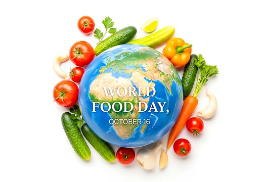 World food day globe surrounded by fresh vegetables isolated on white background