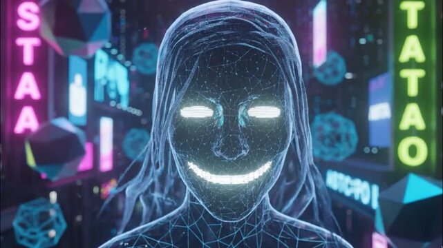 Holographic wireframe face with bright glowing eyes in a virtual reality setting