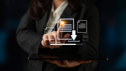 Visual representation of digital document downloading, showing file transfer, data access, and...
