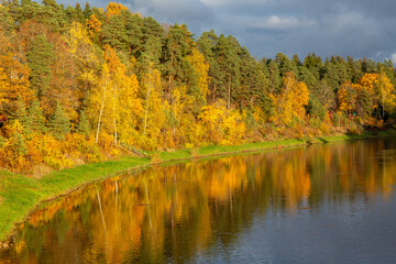 Autumn scene at the river Ogre in Ogre city in October in Latvia