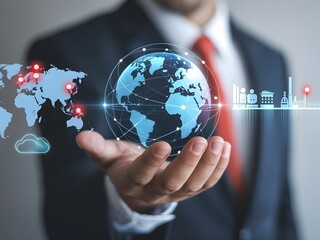 Businessman holding globe with global network and worldwide business connection concept
