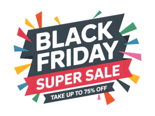 Black friday super sale banner with take up to 75 off text, isolated on transparent background