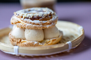 Close-Up of Pistachio and Pumpkin Christmas Paris-Brest Dessert
