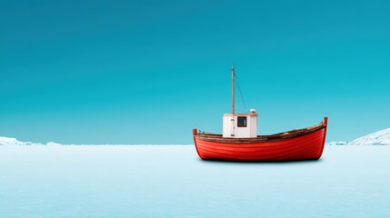 A solitary red boat floats on a frozen expanse under a clear blue sky, creating a striking contrast in this serene, minimalist landscape.