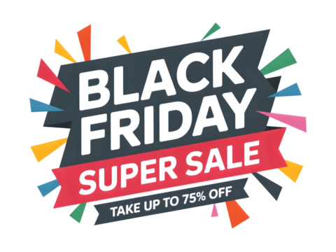 Black friday super sale banner with take up to 75 off text, isolated on transparent background - Powered by Adobe