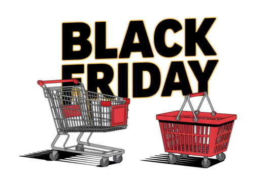 Black friday shopping cart and basket illustration with large text, isolated on transparent background