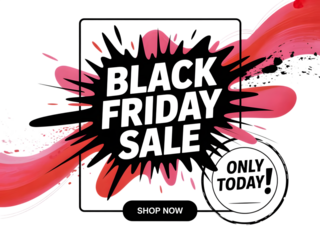Black friday sale explosion graphic with only today and shop now button, isolated on transparent background