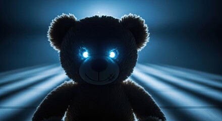 Illuminated teddy bear with glowing eyes in dark setting
