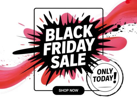 Black friday sale explosion graphic with only today and shop now button, isolated on transparent background