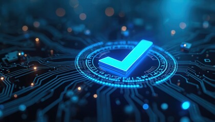 Futuristic illustration shows glowing checkmark on circuit board. It symbolizes technology approval digital validation system. This design reflects modern cyber themes for tech visuals AI concepts.