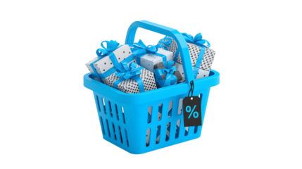 Blue shopping basket full of gift boxes with percentage tag, isolated on transparent background