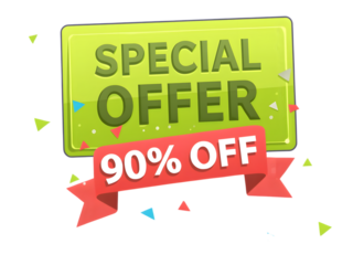 Green sign with special offer and a red banner saying 90 off, isolated on transparent background
