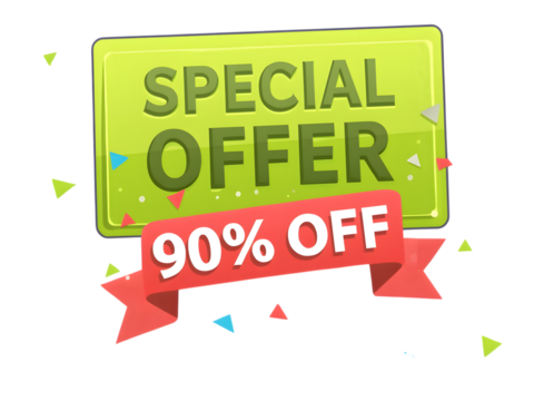Green sign with special offer and a red banner saying 90 off, isolated on transparent background