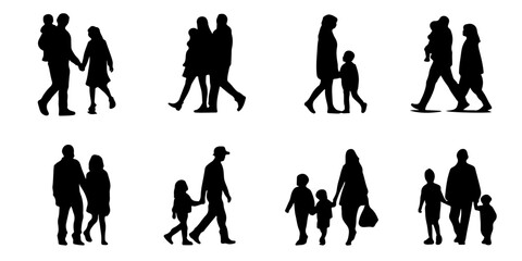 Collection of silhouette figures of families and couples walking together on white background