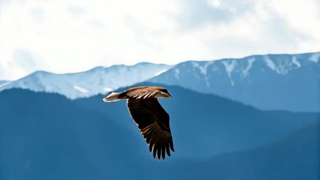 Majestic bald eagle soaring through a clear blue sky with snow-capped mountains in the background