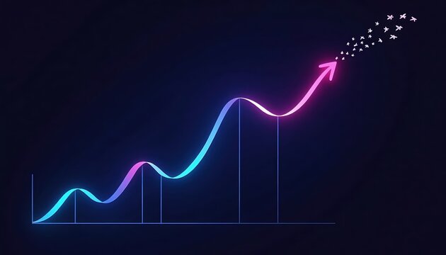 Smooth growth is a neon curve with an arrow shooting out, a trend breakout, and acceleration