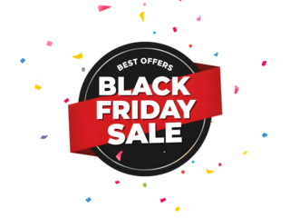 Black friday sale badge with confetti and red ribbon, best offers, isolated on transparent background