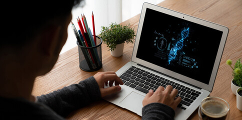 Medical science technology and futuristic healthcare virtual computer software analyze human health...