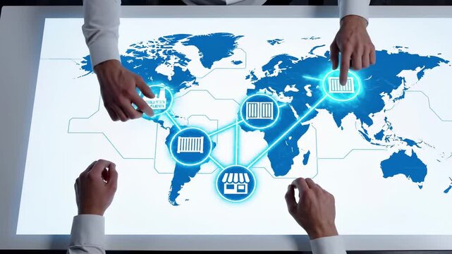 Business professionals interact with global logistics network map. Digital interface displays supply chain connections, warehouse locations and international shipping routes. Touchscreen technology - Powered by Adobe