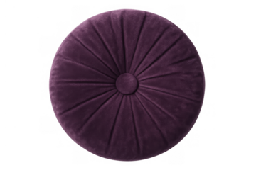 Round purple velvet pouf with tufted texture, comfortable home furniture element on transparent background