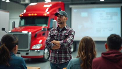 Truck driving school class. Instructor teaches students. Large red truck parked as background. Students listen to lecturer. Trucking industry offers training in safety, vehicle operation, transport