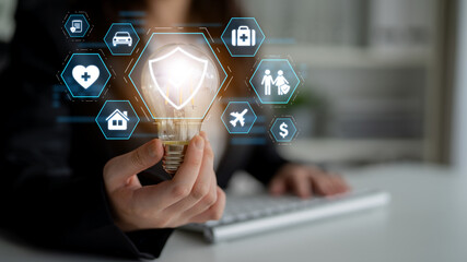 Security and insurance concept showing protection coverage for health, travel, home, car, life, and financial safety, emphasizing trust and policy assurance Latch