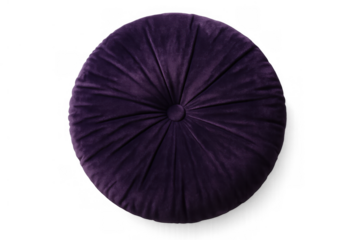 Round purple velvet cushion featuring tufted design, providing soft home decor and comfort, isolated on transparent background
