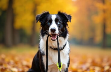 Border collie dog holds leash in mouth, ready for walk. Obedient pet sits on vibrant autumn leaves in park. Yellow trees in background create perfect fall scene. Happy purebred waits for outdoor