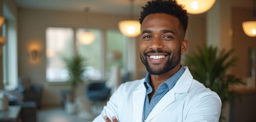 Young African American man smiles broadly, wearing crisp white doctor coat over periwinkle shirt. Stands with crossed arms in bright modern health clinic lobby. Confident physician dentist looks